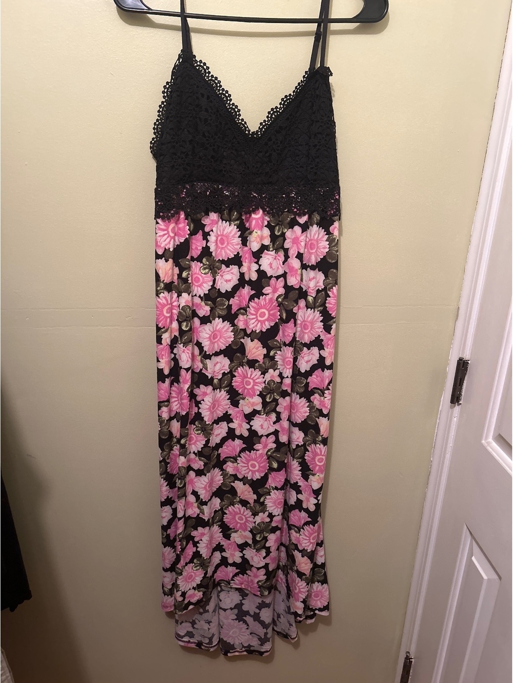 Derek Heart Black Lace and Pink Floral Maxi Dress